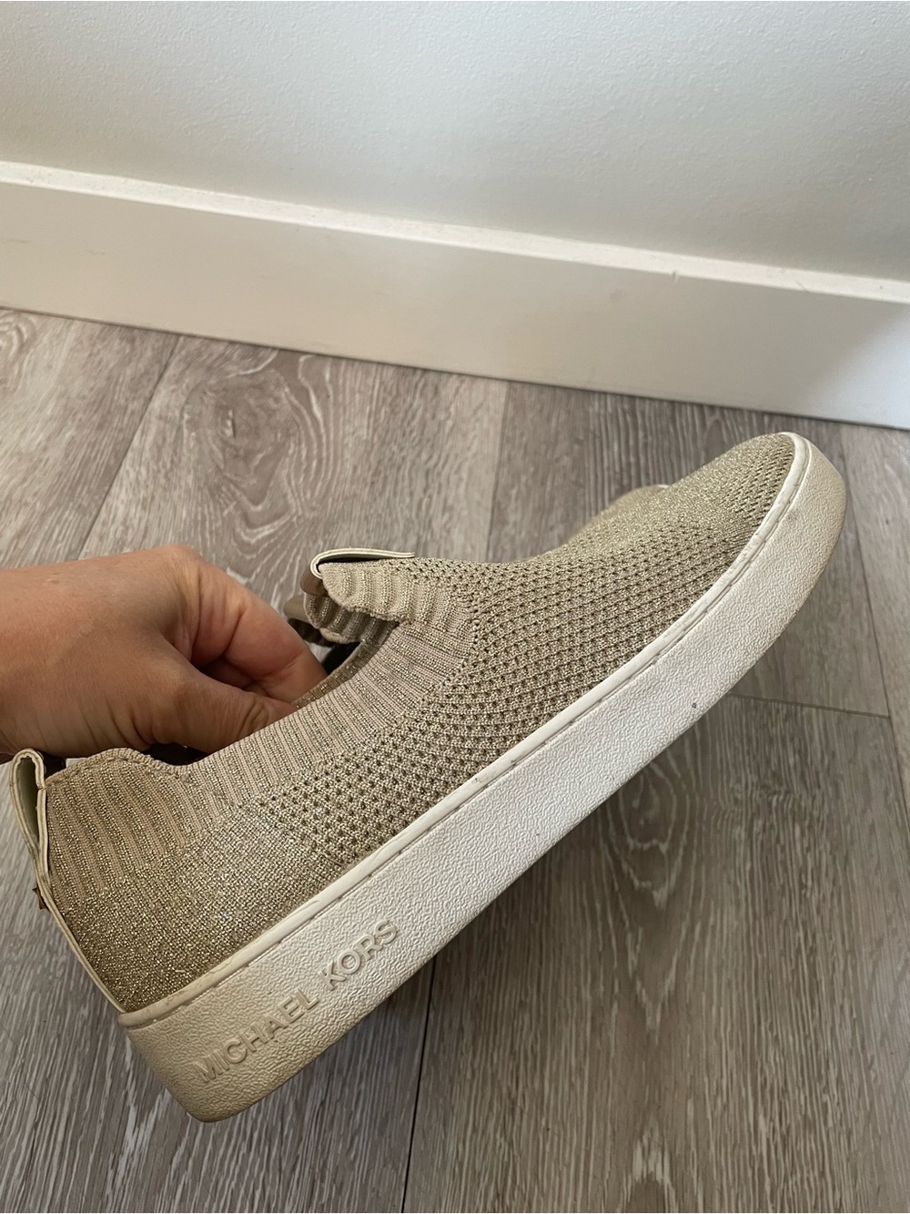 Michael Kors Gold Metallic Stretch Knit Slip On Sneakers Flats Size 7.5 - Picture 4 of 10
